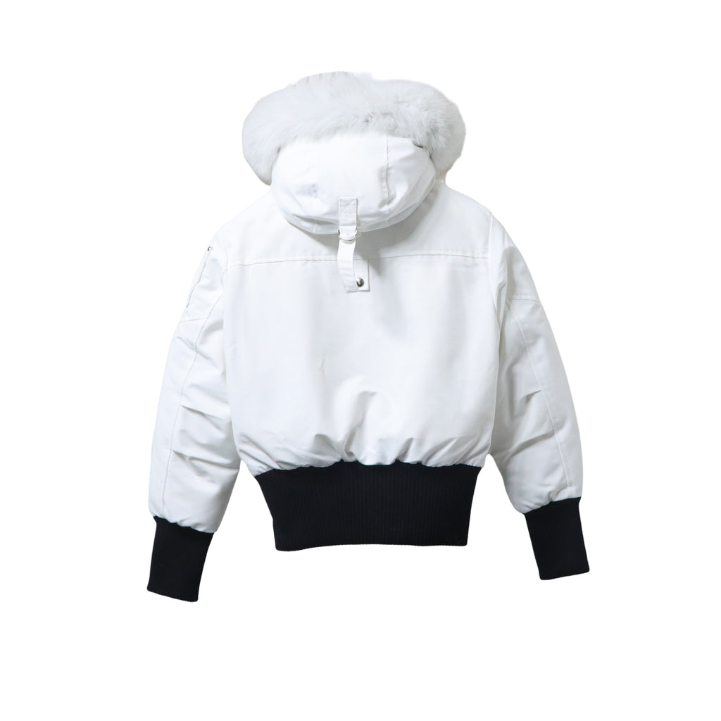 Moose Knuckles White and Black Plush-Trim Hooded Bomber Jacket