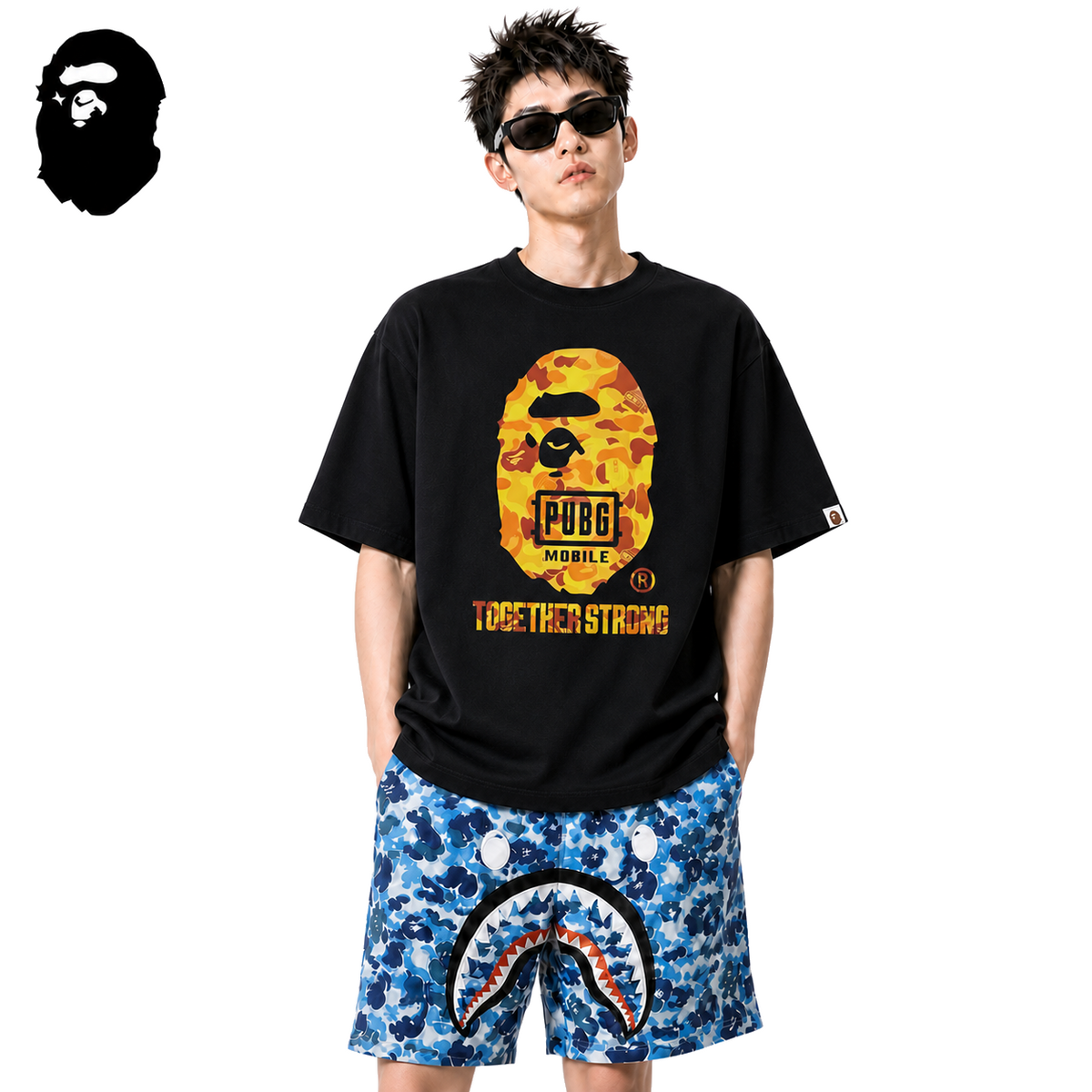 BAPE x PUBG Orange Camo Ape Head Men's T-Shirt - Black