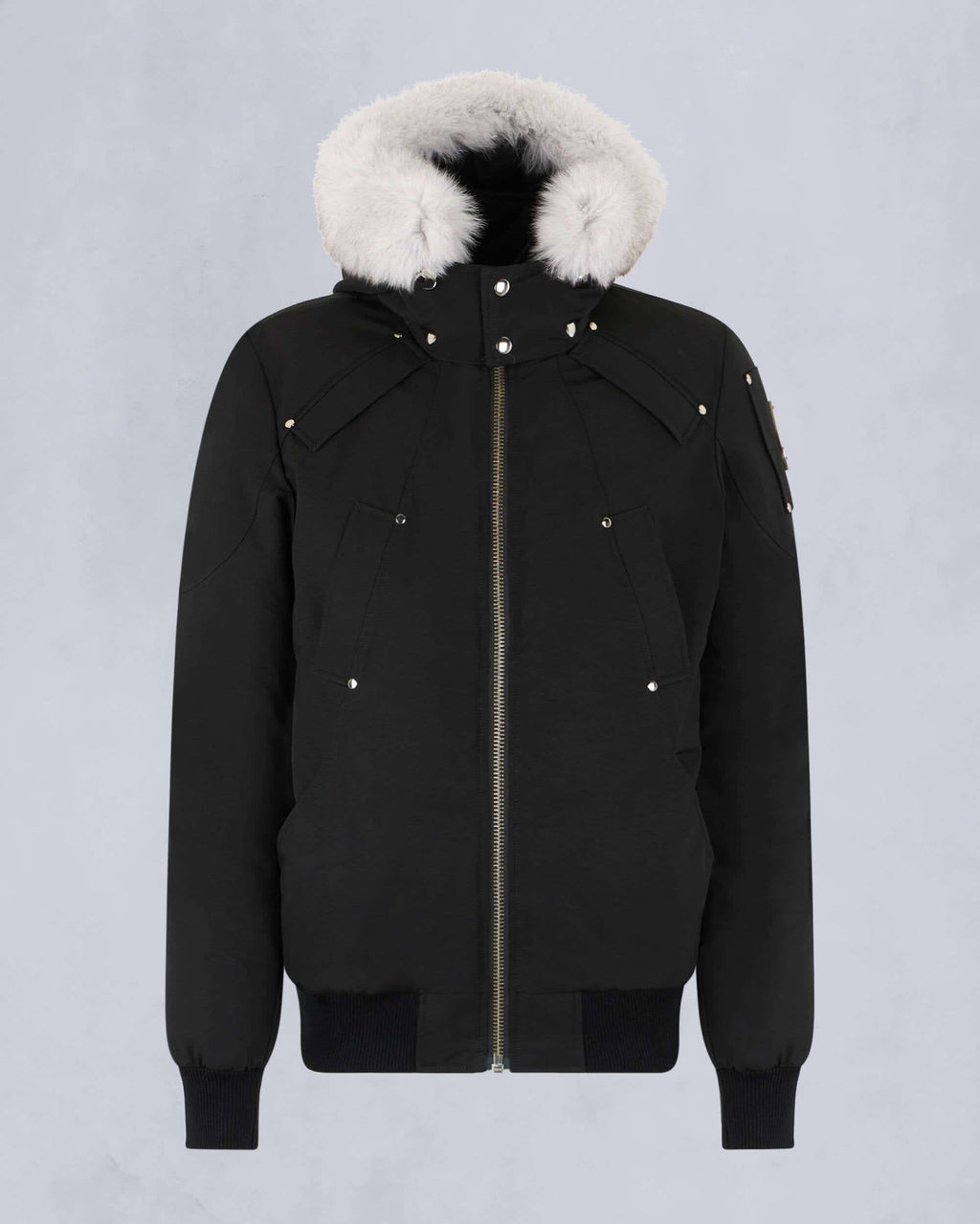 Moose Knuckles Black White Plush-Trim Hooded Bomber Jacket