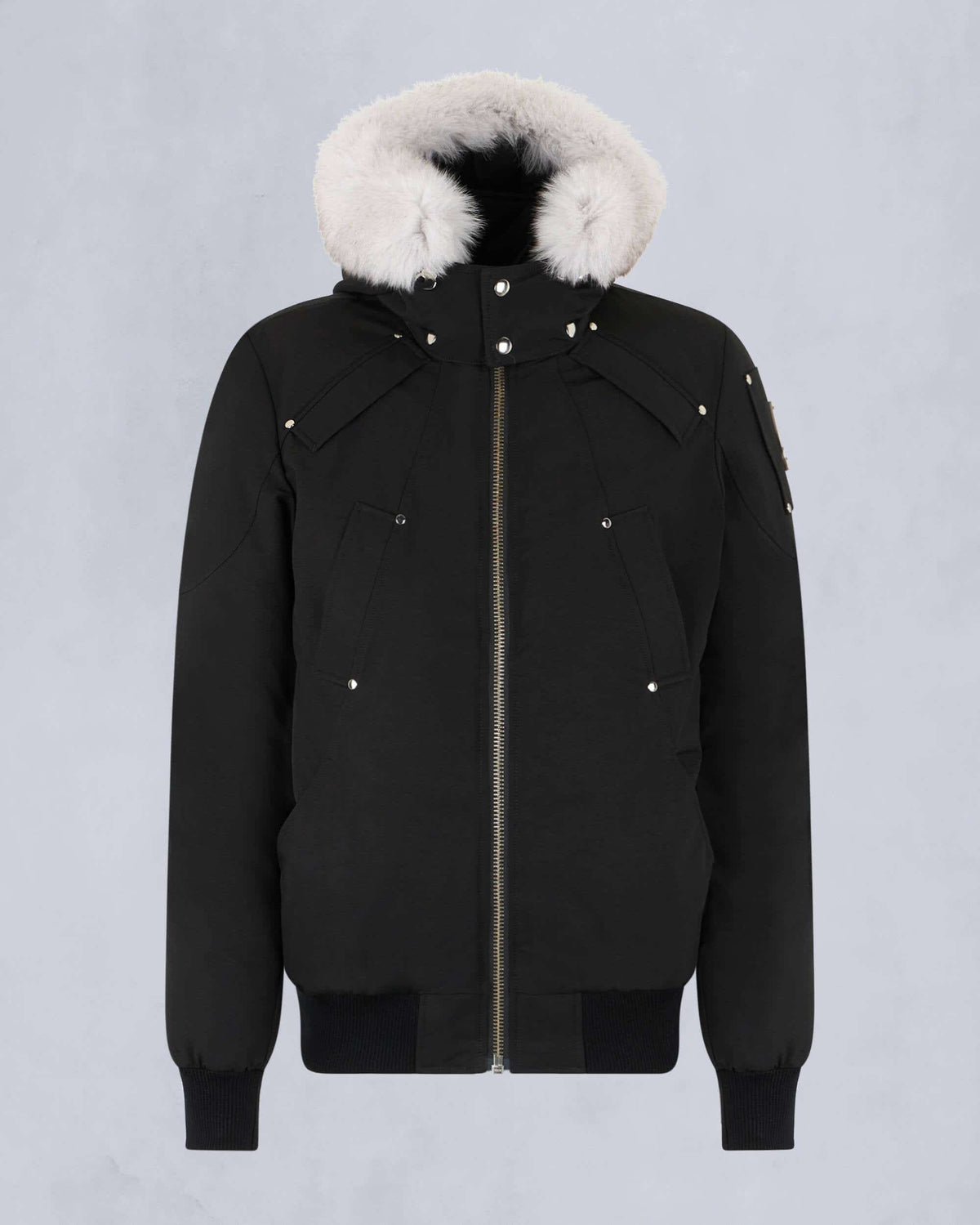 Moose Knuckles Black White Plush-Trim Hooded Bomber Jacket