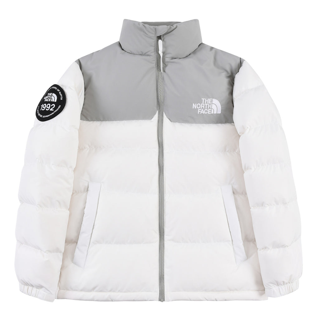 The North Face White and Light Gray Colorblock Puffer Jacket