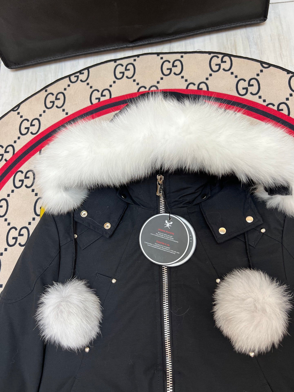 Moose Knuckles Black Pom-Pom Plush-Trim Hooded Bomber Jacket