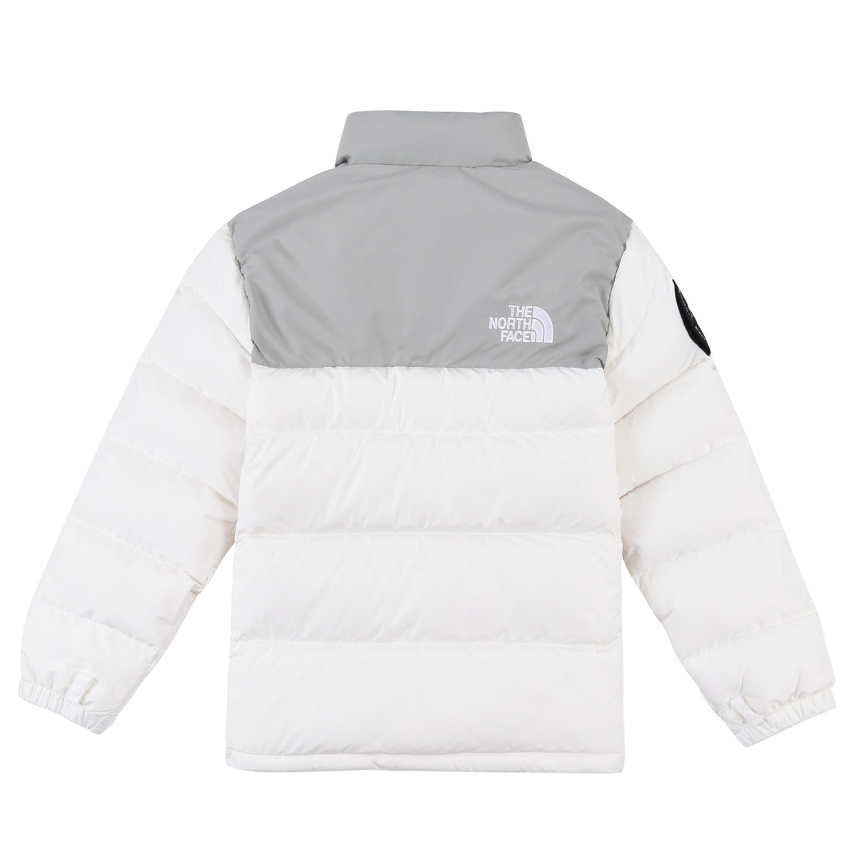 The North Face White and Light Gray Colorblock Puffer Jacket