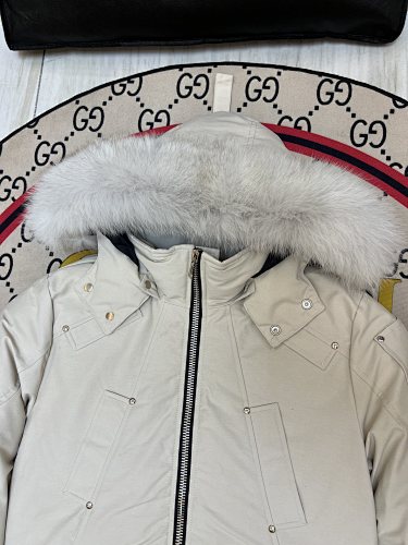Moose Knuckles Ivory White Plush-Trim Hooded Bomber Jacket