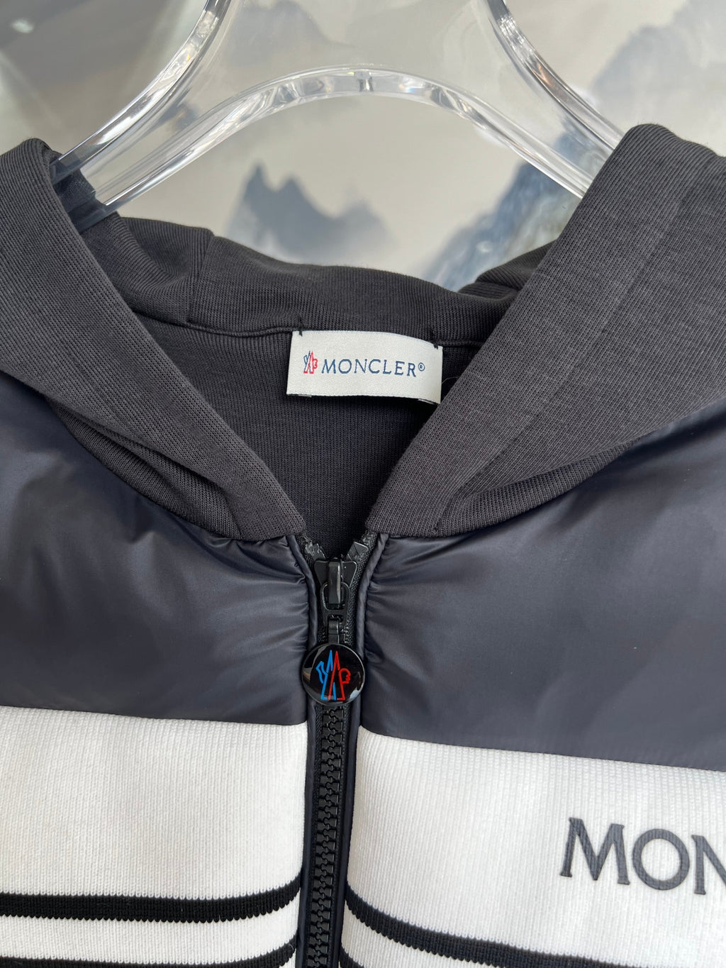 Moncler Black and White Striped Hooded Hybrid Jacket