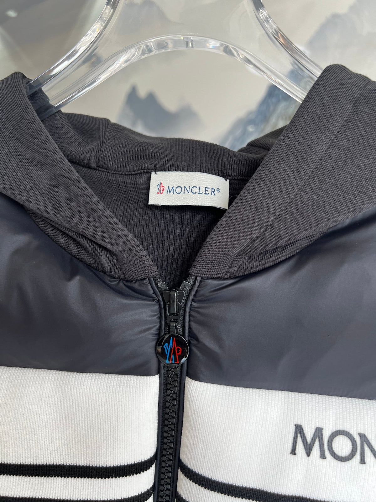 Moncler Black and White Striped Hooded Hybrid Jacket