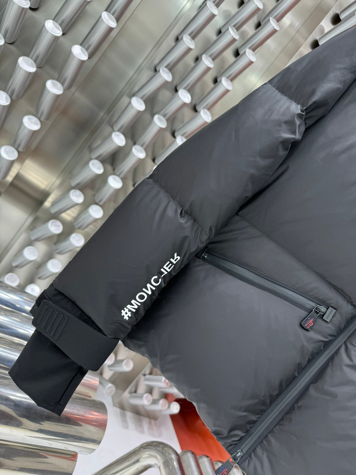 Moncler Black Graphic Logo Stand Collar Puffer Jacket
