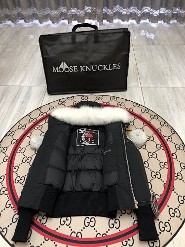 Moose Knuckles Black Pom-Pom Plush-Trim Hooded Bomber Jacket
