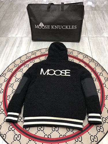Moose Knuckles Black and White Hooded Teddy Fleece Bomber Jacket