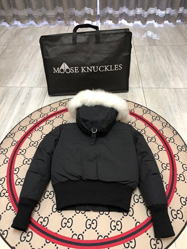 Moose Knuckles Black Pom-Pom Plush-Trim Hooded Bomber Jacket