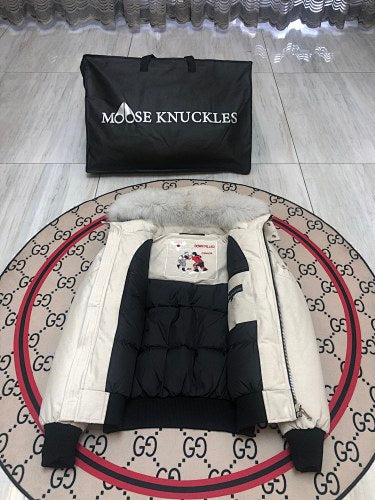 Moose Knuckles Ivory White Plush-Trim Hooded Bomber Jacket
