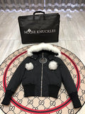 Moose Knuckles Black Pom-Pom Plush-Trim Hooded Bomber Jacket