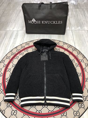 Moose Knuckles Black and White Hooded Teddy Fleece Bomber Jacket