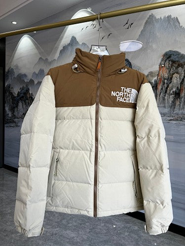 The North Face Ivory White and Brown Colorblock Puffer Jacket