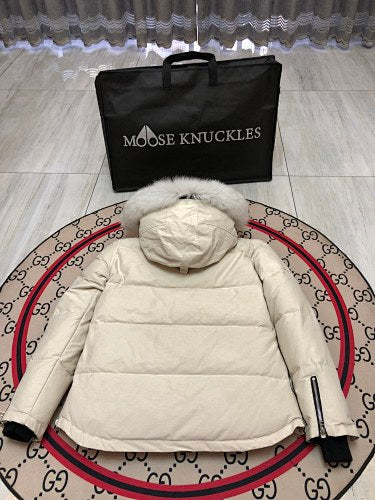 Moose Knuckles Ivory White Plush-Trim Hooded Quilted Parka