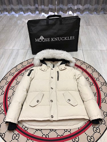 Moose Knuckles Ivory White Plush-Trim Hooded Quilted Parka