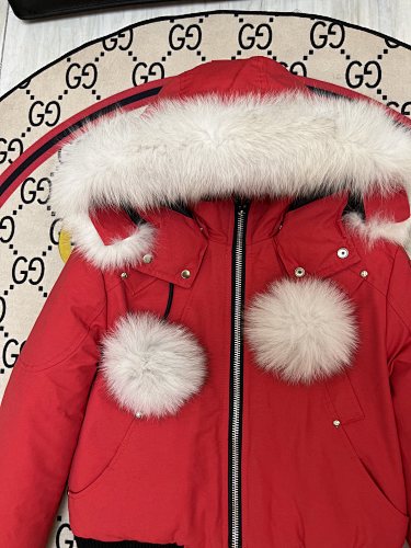 Moose Knuckles Red Pom-Pom Plush-Trim Hooded Bomber Jacket
