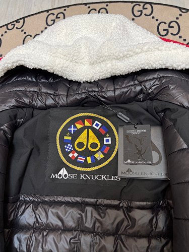 Moose Knuckles White and Black Hooded Teddy Fleece Bomber Jacket