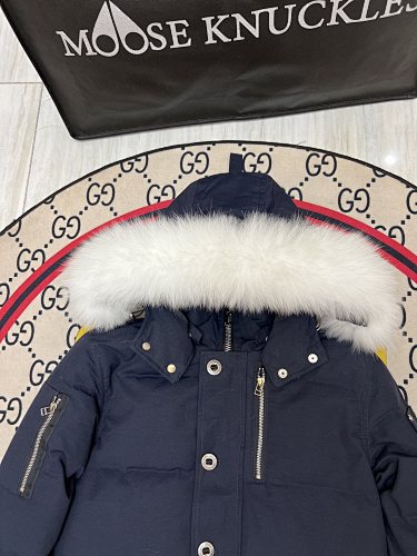 Moose Knuckles Navy Blue White Plush-Trim Hooded Quilted Parka