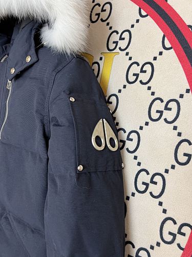 Moose Knuckles Navy Blue White Plush-Trim Hooded Quilted Parka