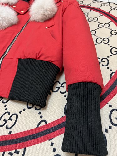 Moose Knuckles Red Pom-Pom Plush-Trim Hooded Bomber Jacket