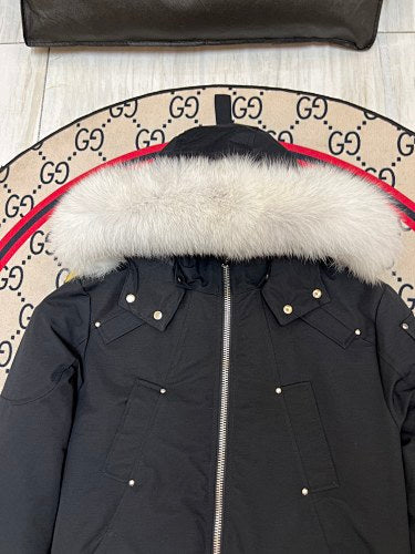 Moose Knuckles Black White Plush-Trim Hooded Bomber Jacket