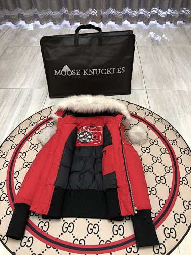 Moose Knuckles Red Pom-Pom Plush-Trim Hooded Bomber Jacket