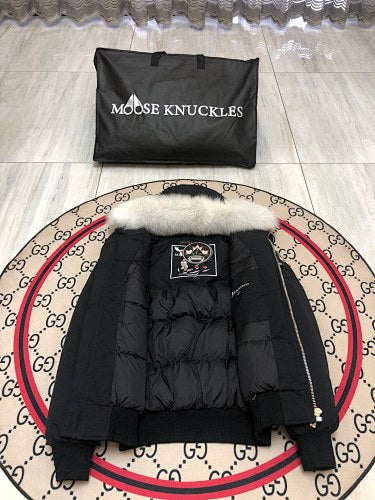 Moose Knuckles Black White Plush-Trim Hooded Bomber Jacket