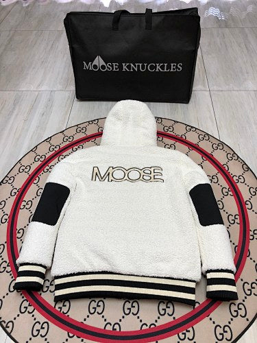 Moose Knuckles White and Black Hooded Teddy Fleece Bomber Jacket