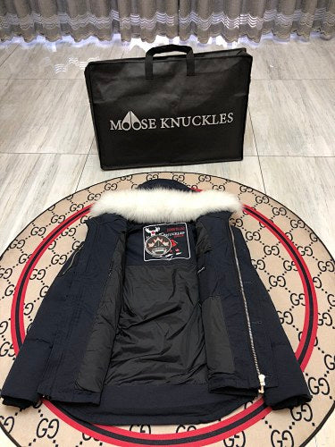 Moose Knuckles Navy Blue White Plush-Trim Hooded Quilted Parka