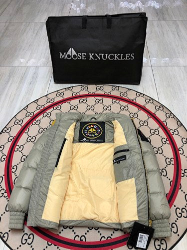 Moose Knuckles Sage Green Glossy Stand Collar Quilted Puffer Jacket