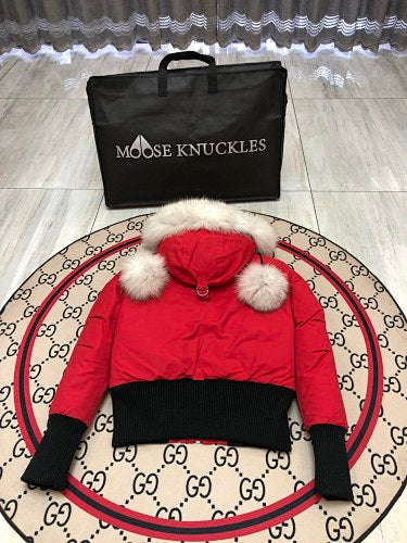 Moose Knuckles Red Pom-Pom Plush-Trim Hooded Bomber Jacket