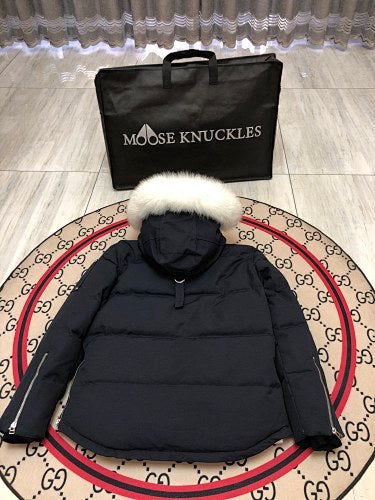 Moose Knuckles Navy Blue White Plush-Trim Hooded Quilted Parka