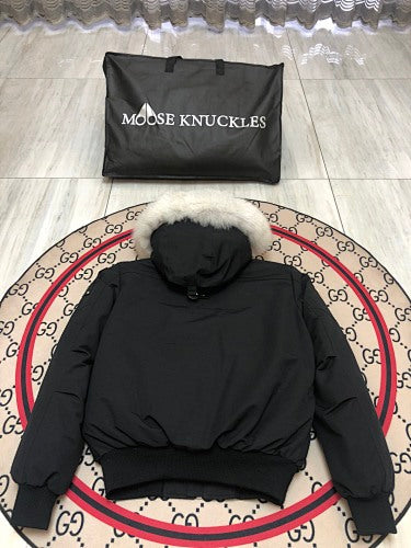 Moose Knuckles Black White Plush-Trim Hooded Bomber Jacket