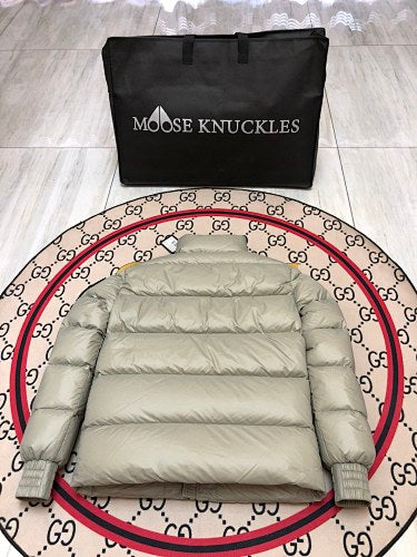 Moose Knuckles Sage Green Glossy Stand Collar Quilted Puffer Jacket