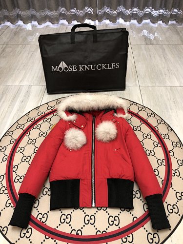 Moose Knuckles Red Pom-Pom Plush-Trim Hooded Bomber Jacket