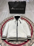 Moose Knuckles White and Black Hooded Teddy Fleece Bomber Jacket