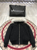 Moose Knuckles Black White Plush-Trim Hooded Bomber Jacket