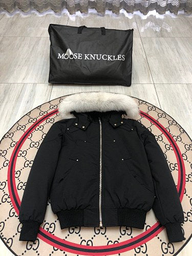 Moose Knuckles Black White Plush-Trim Hooded Bomber Jacket