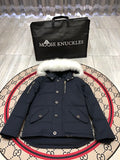 Moose Knuckles Navy Blue White Plush-Trim Hooded Quilted Parka