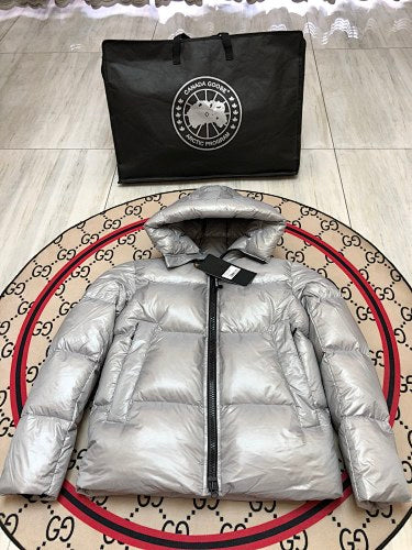 Canada Goose Metallic Silver Hooded Quilted Puffer Jacket
