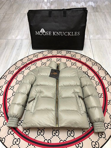 Moose Knuckles Sage Green Glossy Stand Collar Quilted Puffer Jacket