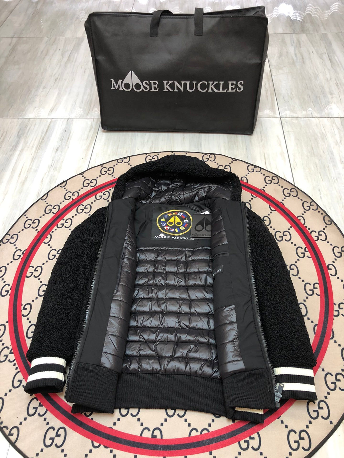 Moose Knuckles Black and White Hooded Teddy Fleece Bomber Jacket