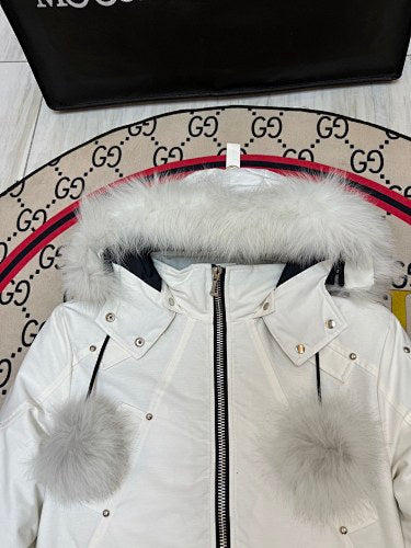 Moose Knuckles Ivory White Pom-Pom Plush-Trim Hooded Bomber Jacket