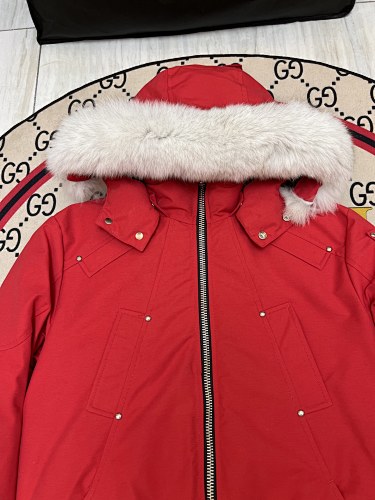 Moose Knuckles Red White Plush-Trim Hooded Bomber Jacket