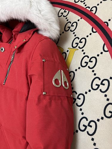 Moose Knuckles Red White Plush-Trim Hooded Quilted Parka