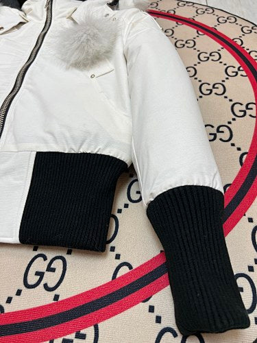 Moose Knuckles Ivory White Pom-Pom Plush-Trim Hooded Bomber Jacket