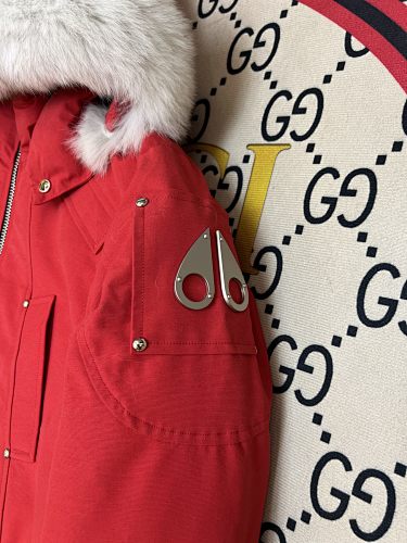 Moose Knuckles Red White Plush-Trim Hooded Bomber Jacket