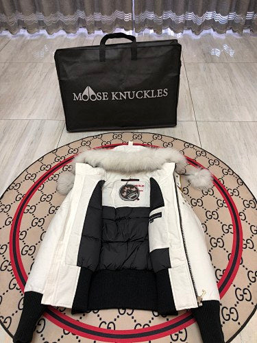 Moose Knuckles Ivory White Pom-Pom Plush-Trim Hooded Bomber Jacket