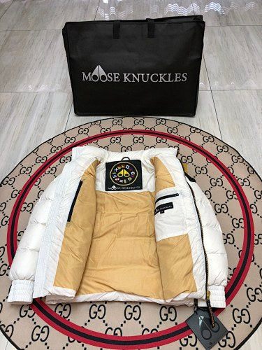 Moose Knuckles White Glossy Stand Collar Quilted Puffer Jacket